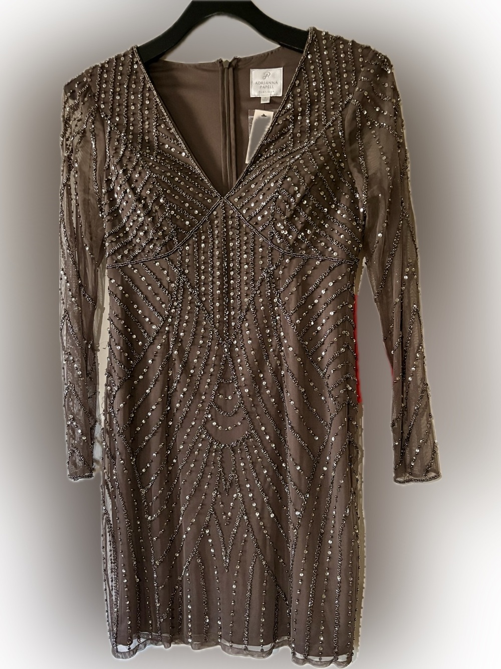 Adrianna Papell Gray Beaded V-Neck Long Sleeve Dress
